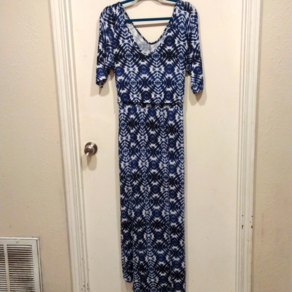 Latched Mama Blue Geometric Print Starlet Nursing Maxi Dress Sz 1X-Event Casual